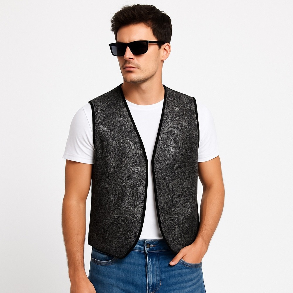 Temptation‎ Vest Mens Large Black Silver Paisley Sparkle Brocade Glam Statement